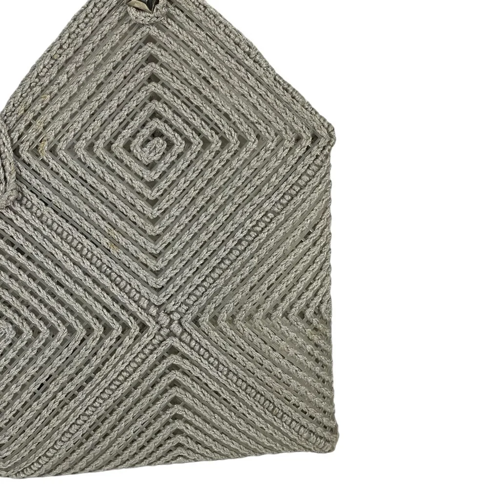 Vintage Handmade Gray Cross Stitch Plastic Canvas Woven Flower Accent Handbag